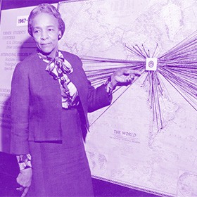 purple tinted photo of a woman pointing at a map with radiating strings on it