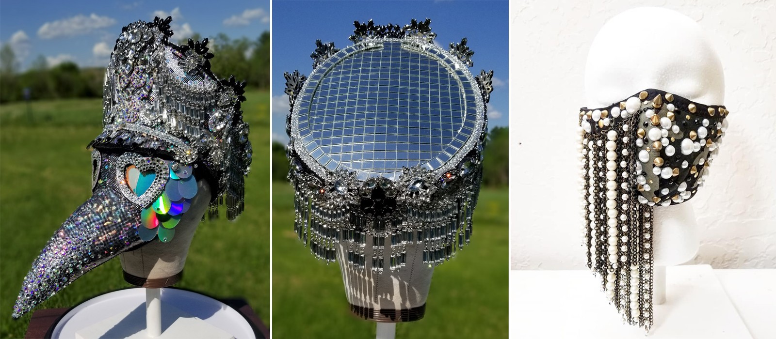 Left and center image is a Crystal encrusted bird beak mask placed on a hat stand outside. Right image is a Pearl and metal stud encrusted black mask on a white mannequin head