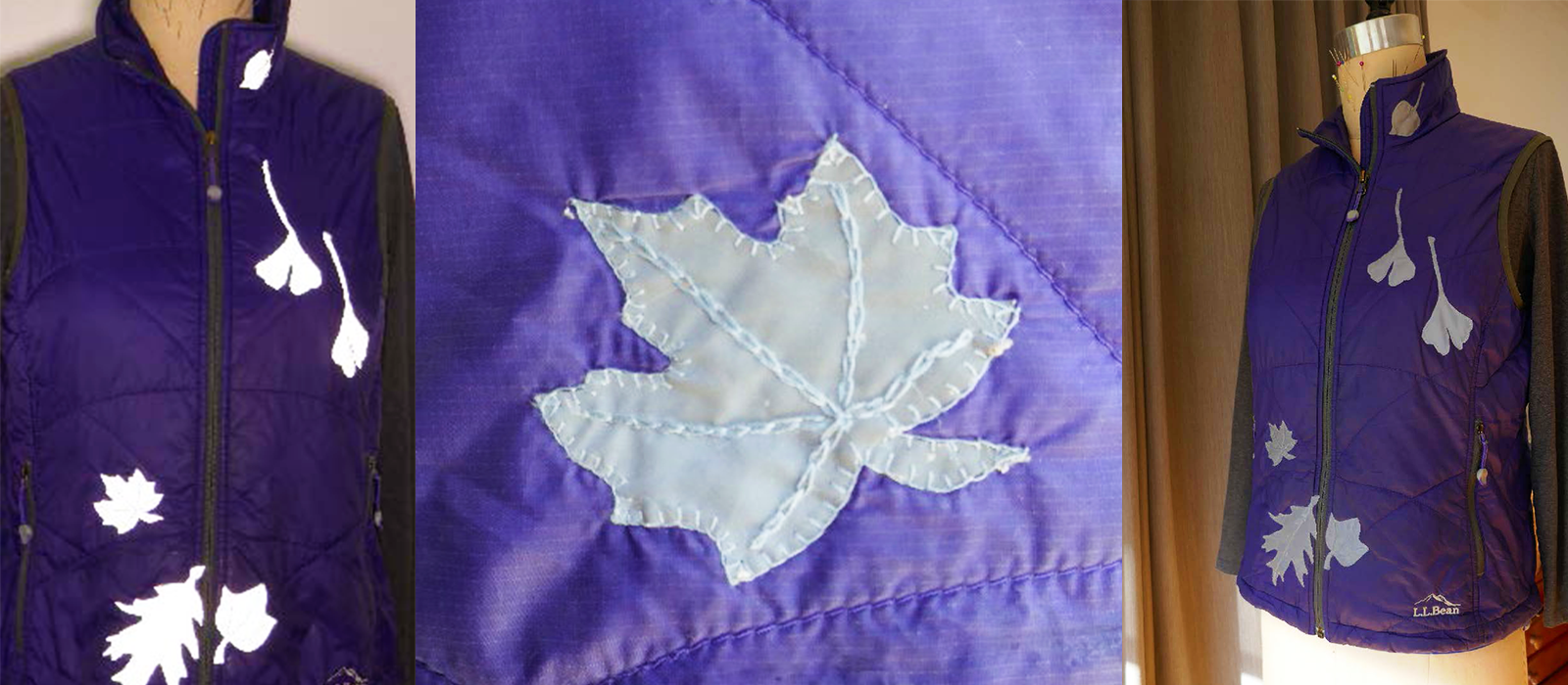 warm purple puffer vest with maple leaf stitching 