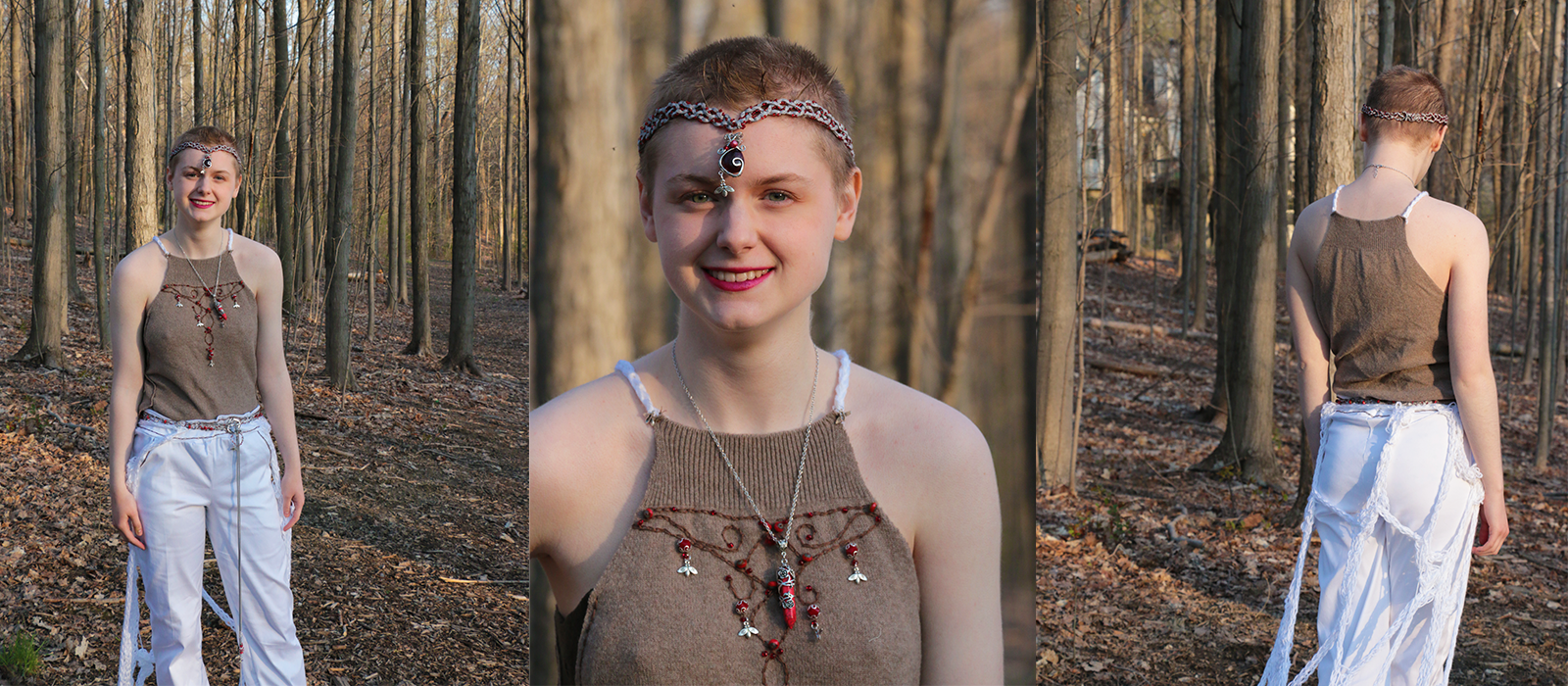 model posing in the woods in mushroom theme fashion 