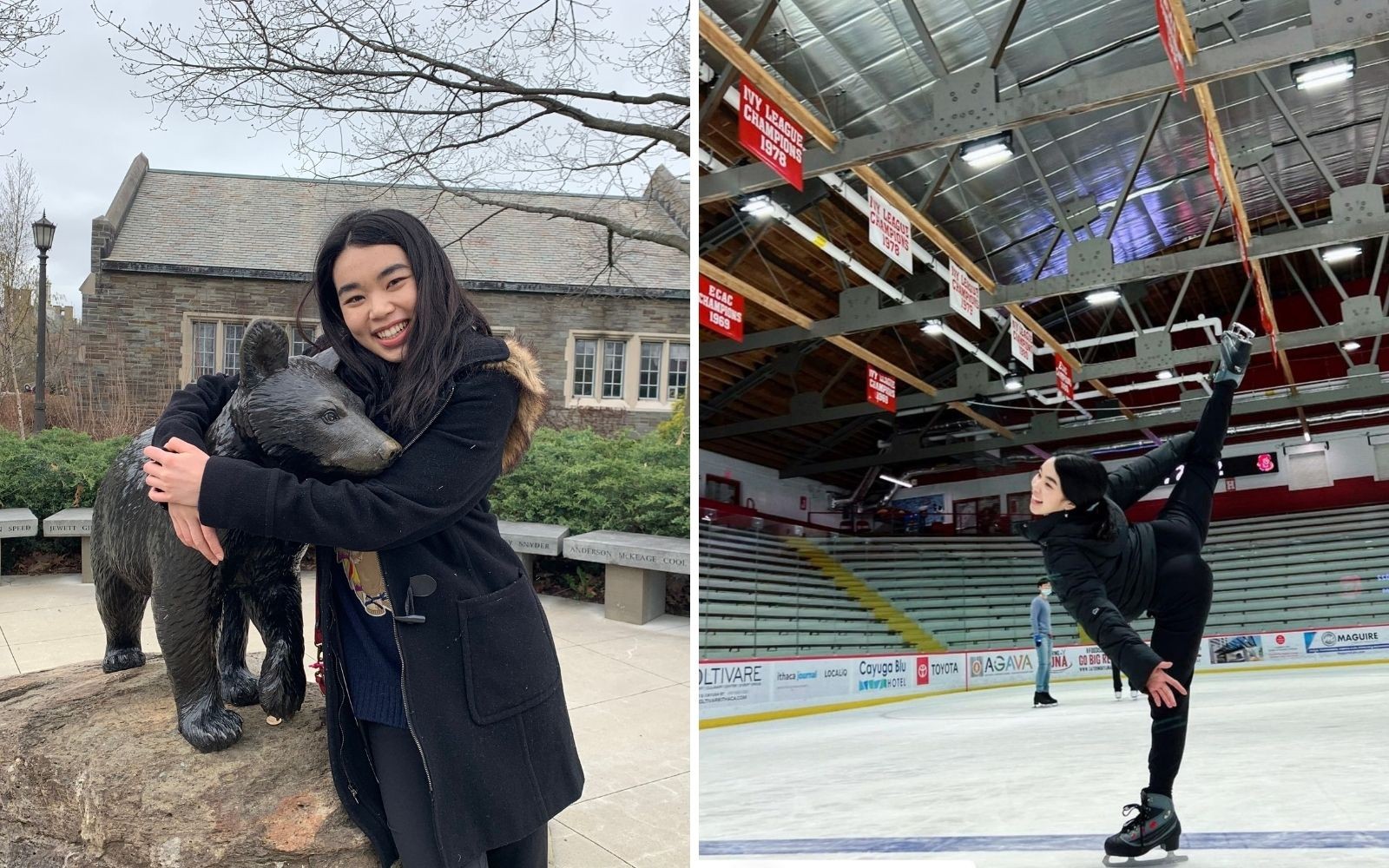 Karen Chen with Cornell bear and skating at Lynah Rink