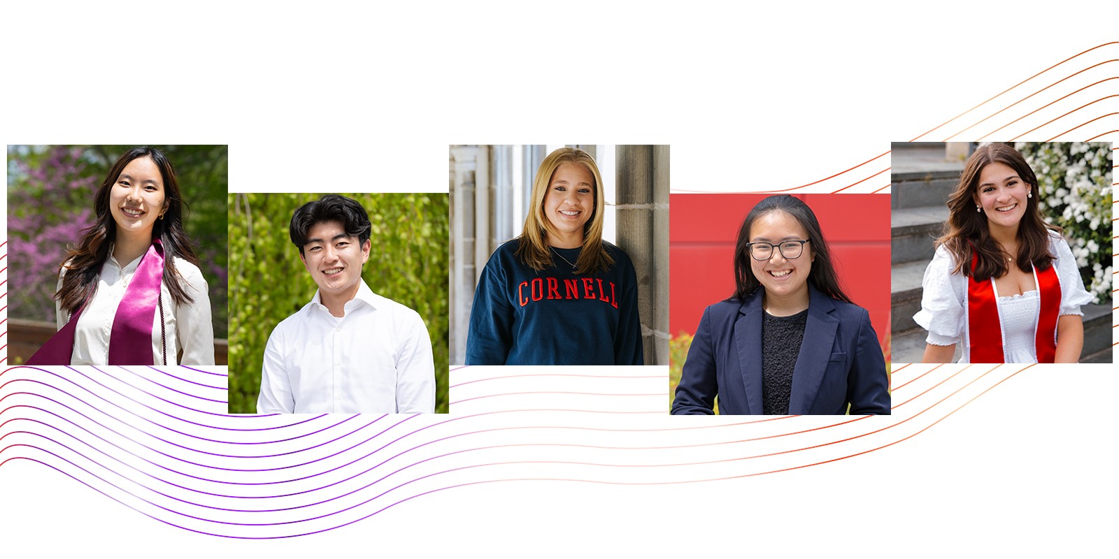 portraits of five undergrads with a graphic of swooping lines in red and purple gradient