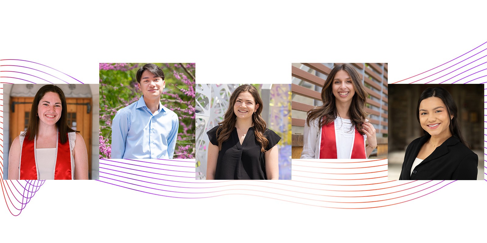 portraits of five undergrads with a graphic of swooping lines in red and purple gradient