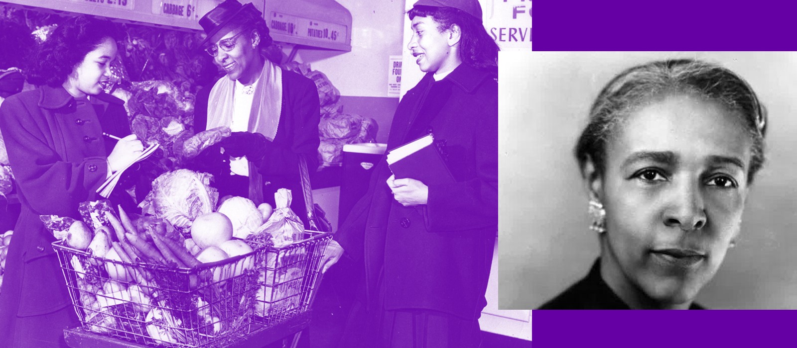 photo on left shows three women in black and white in a grocery store with a full cart; photo on right is a vintage portrait of a woman
