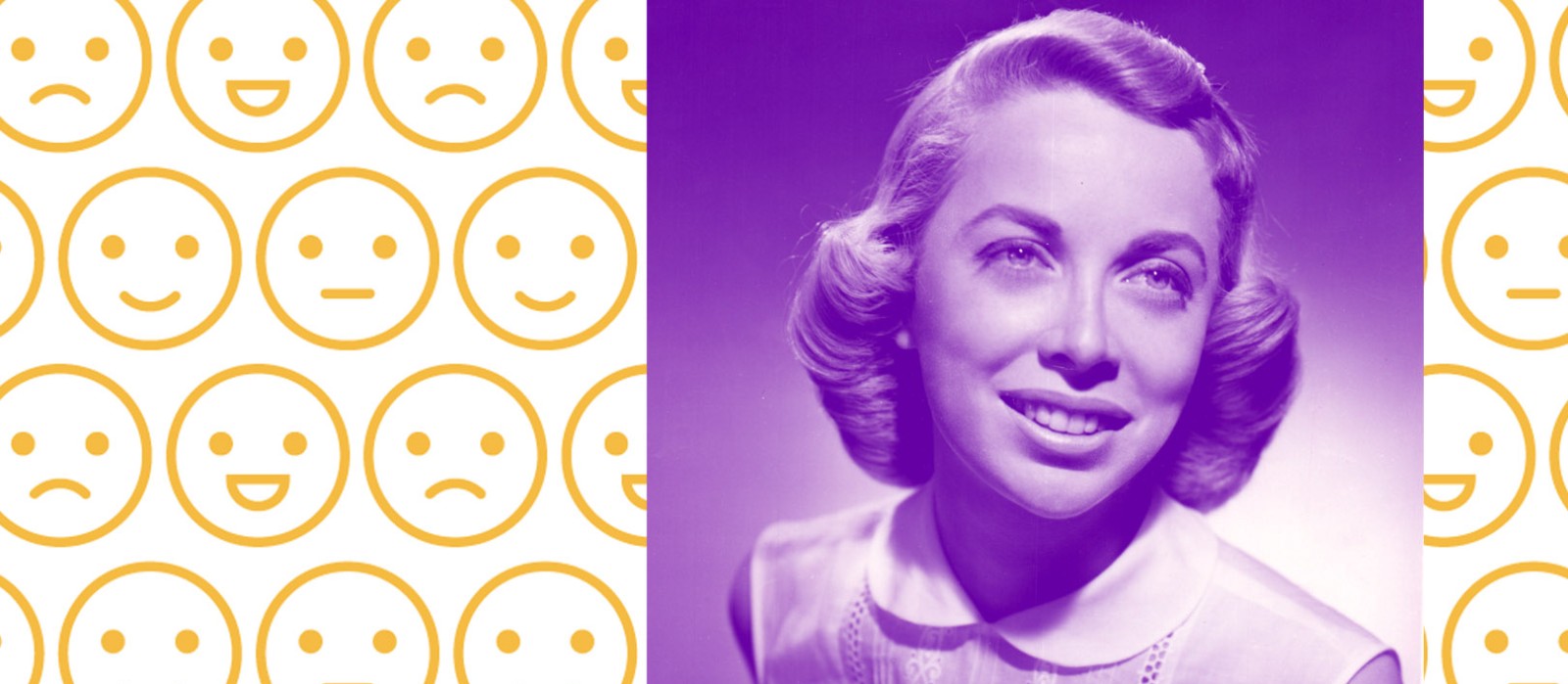 purple-tinted photo of a woman in the 1950s on top of an illustration of different yellow faces displaying various emotions