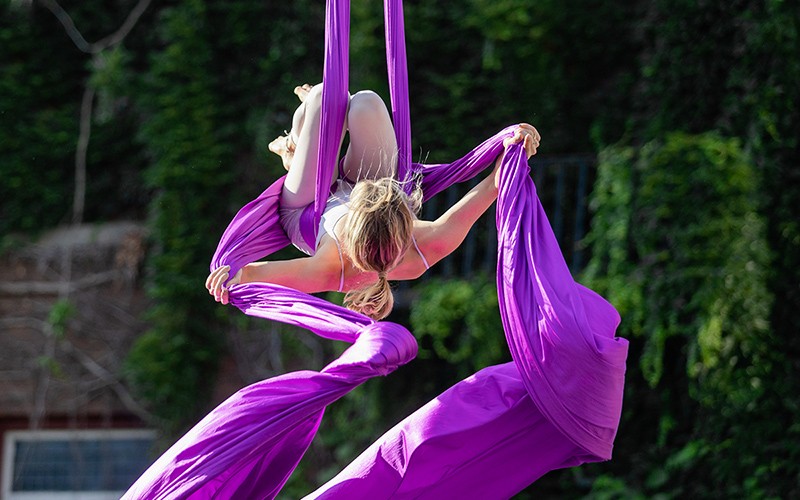 young woman suspended on lengths of purple fabric with trees in the background
