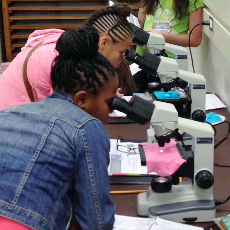 two girls looking into microscopes
