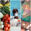 collage of vegetables, student in lab and globe to depict 3 dns majors
