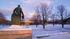 Ezra Cornell statue in snow