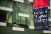 Human Ecology lamppost banner and Human Ecology Building